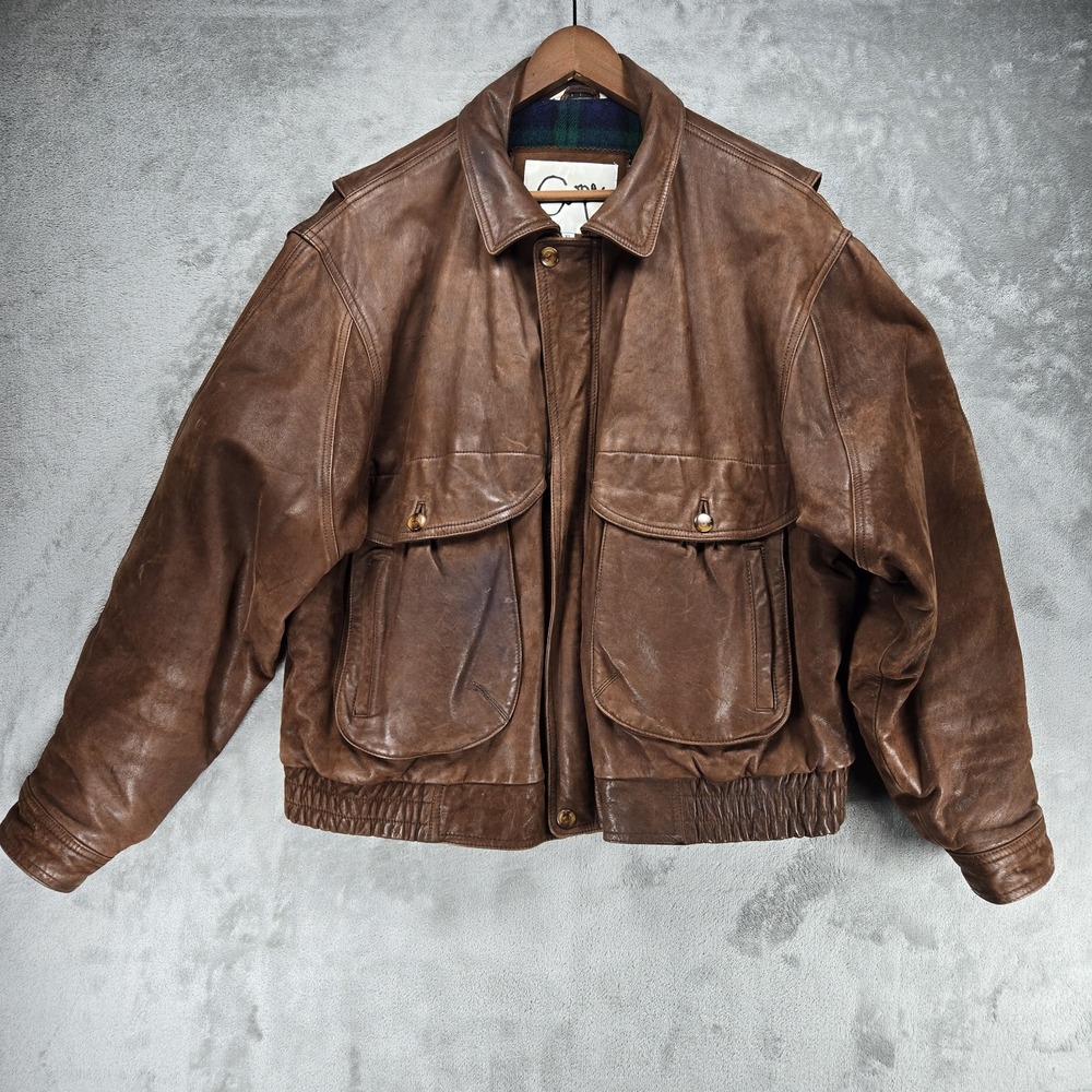 Cooper Collections Brown Leather Bomber Jacket Flannel Fleece Lining Sz XL